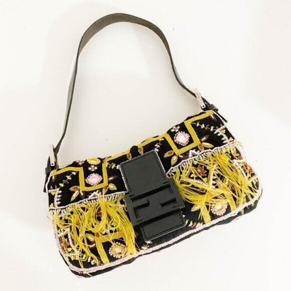 Authentic FENDI Mamma Baguette Beaded Fringe Mirror Shoulder Bag Bucket Hand Bag - Picture 2 of 16